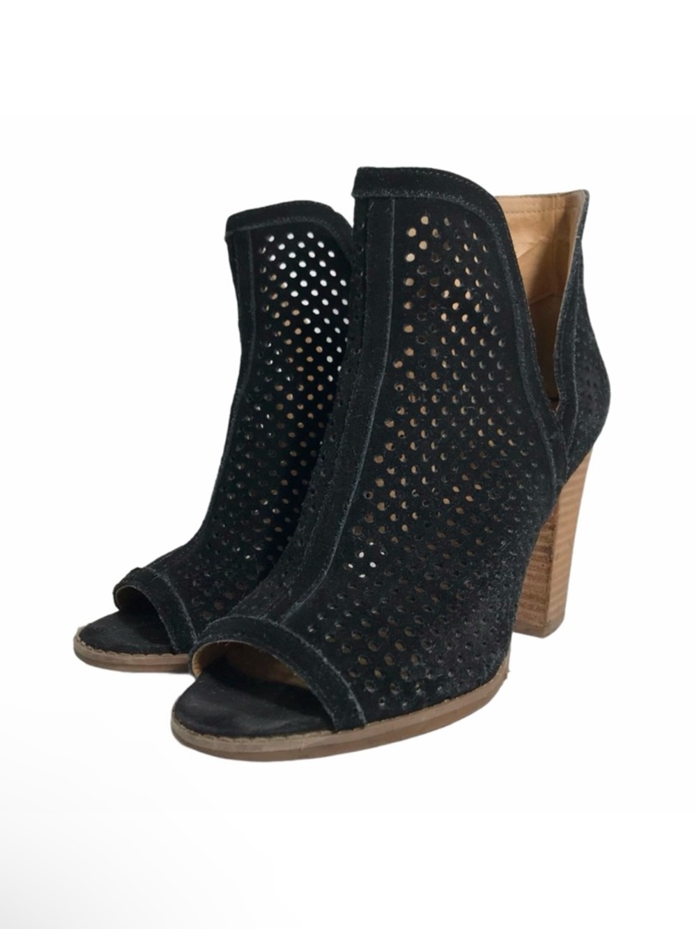 LUCKY BRAND Larise Black Perforated Suede Peep Toe Ankle Boots Booties